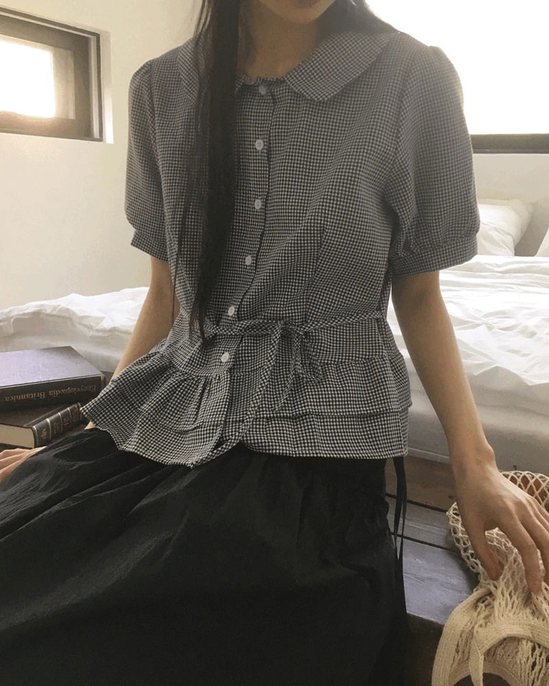 Saon Round Collar Frill Puff Blouse 衬衫