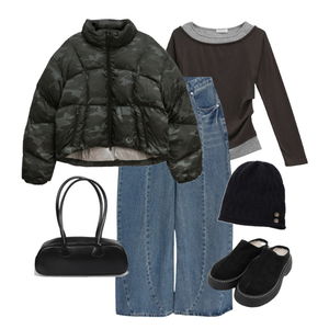 長袖Tシャツ,デニムパンツ,ダウンジャケット 코디