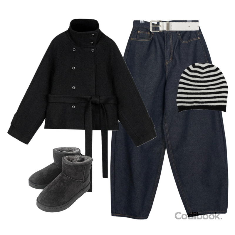 DAILYJOU 델로 스퀘어 벨트,anyonemore 벤자 어그 양털 숏 부츠 (5color),BEIDELLI 센터 허리끈 울 숏 코트등을 매치한 코디