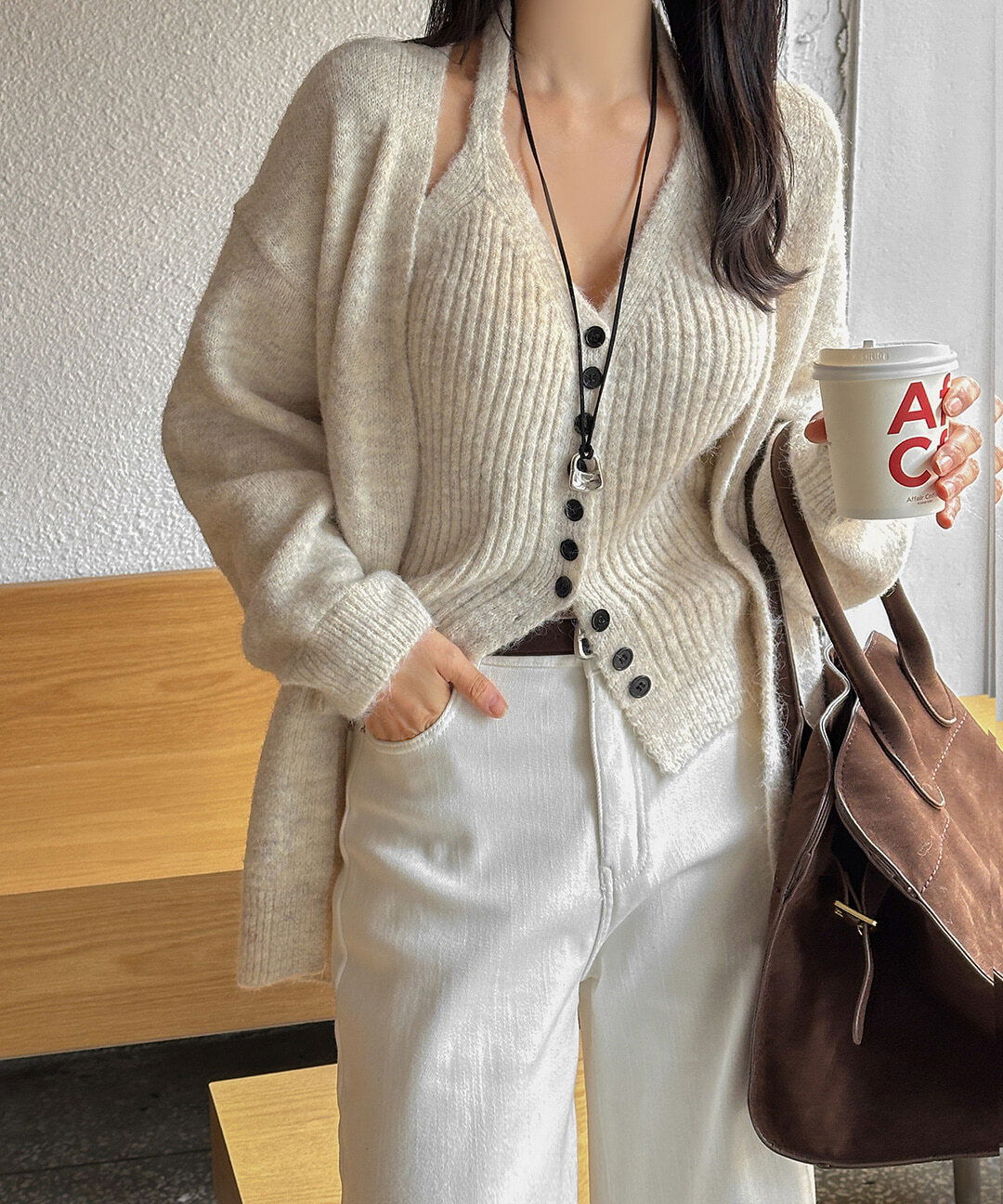 Liv at Wool Loose-fit Robe Cardigan + Bustier Knitwear Halterneck Sleeveless Two-Piece Set