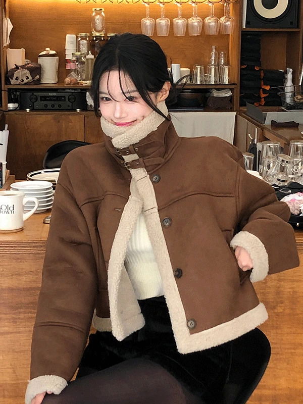 翻領排扣羊羔毛外套