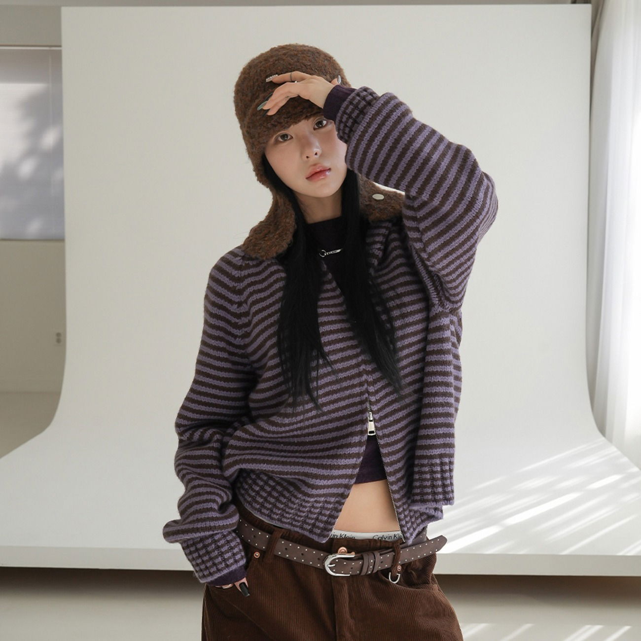 헬더 스트라이프 니트후드집업