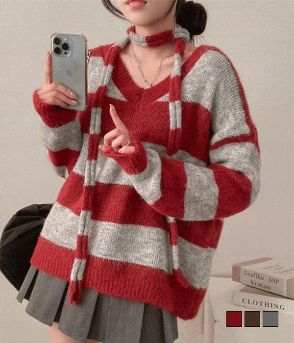 安哥拉條紋寬鬆V領針織圍巾套裝