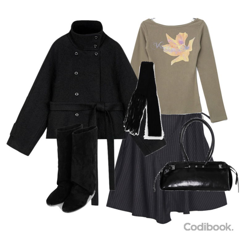 wonderwonder 세어 꽈배기 수술 머플러 니트 목도리,binary01 리퓨 레이어드 롱부츠,EEZEE Unbalanced Stripe Tie Skirt SK016등을 매치한 코디