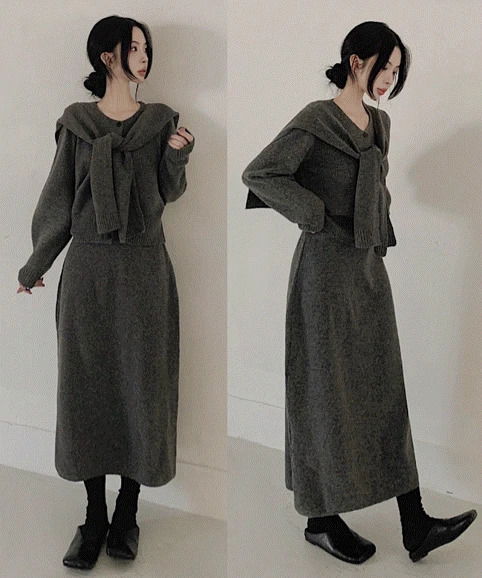 니트 숄 쓰리피스 세트 , 루즈핏 여리여리 가디건 롱스커트 세트 2color