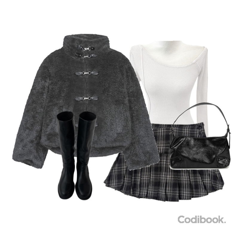 JASMINBELL 젠타 유광 롱 부츠,binary01 퍼블릭 아일렛 숄더백,BEIDELLI 비트 퍼 무스탕 자켓등을 매치한 코디