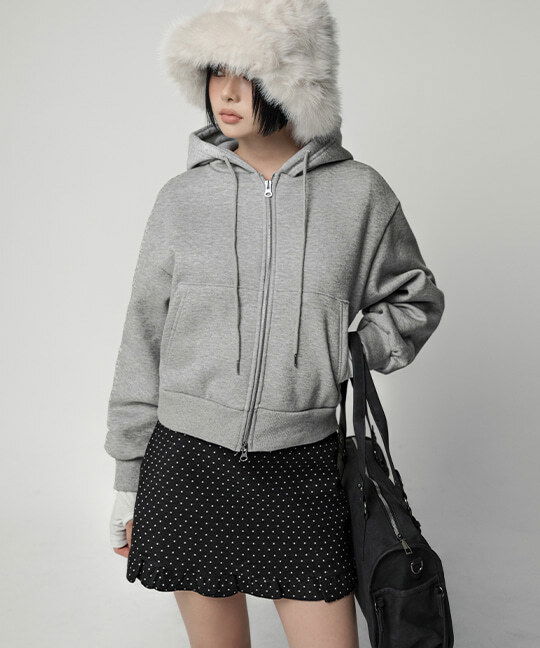 Hoodie Fleece-lined Basic Two-Way Crop Fleece Hood Zip-Up
