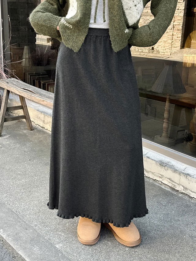 ビッグサイズ S-XL セリーデンバンディングフリルニットロングスカート