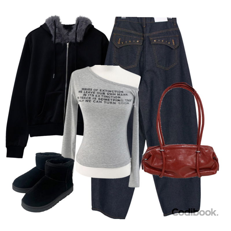 EEZEE Back Pocket Stud Denim DE054,binary01 디븐 숄더백&토드백,anyonemore 벤자 어그 양털 숏 부츠 (5color)등을 매치한 코디