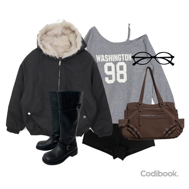 anyonemore 로페 긱시크 너드 뿔테 안경 (2color),noirmute 디절브 아일렛 벨트 레더 빅 숄더백 EYELET BELT LEATHER BIG SHOULDER BAG,anyonemore 오빅 셔링 바이커 버클 롱 부츠 (2color)등을 매치한 코디