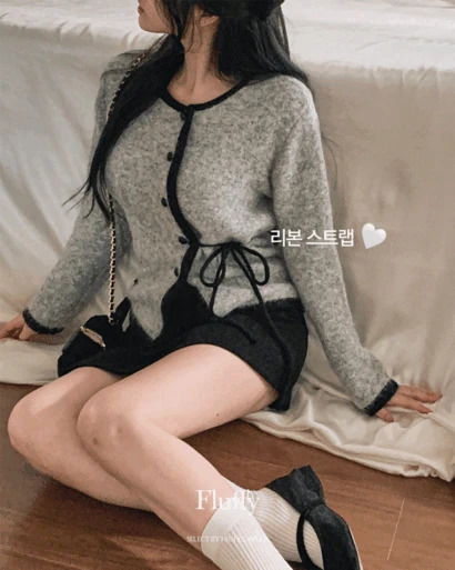 폭닥모찌 라운드넥 리본 스트랩 배색 니트 가디건