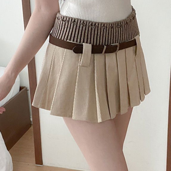 打褶附腰帶針織及膝裙 (當日出貨)