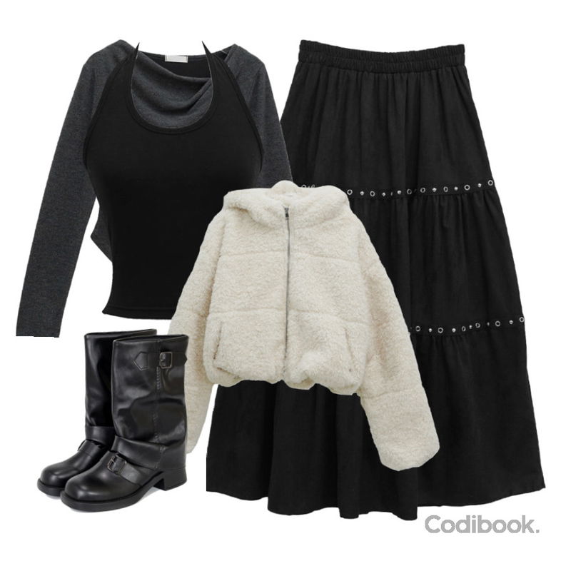 FloridaStudio 에브리데이 젤라 버클 웨지 롱부츠 ED2547,binary01 포티니 덤블 후드점퍼,binary01 웨던 아일렛 롱스커트등을 매치한 코디