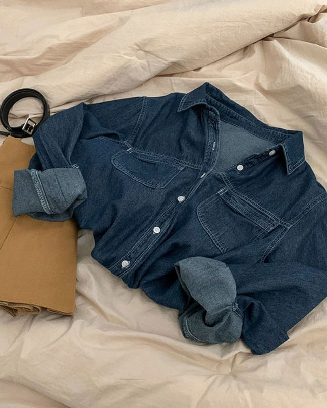 復古車線丹寧七分袖襯衫