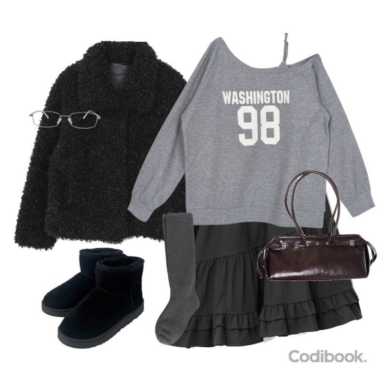 DAILYJOU 슈가붐 레트로 메탈 안경,EEZEE Ribbed Loose-Fit Socks AC005,anyonemore 벤자 어그 양털 숏 부츠 (5color)등을 매치한 코디