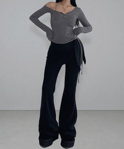 Winter Daily Slim Strap Ribbon Flared Pants