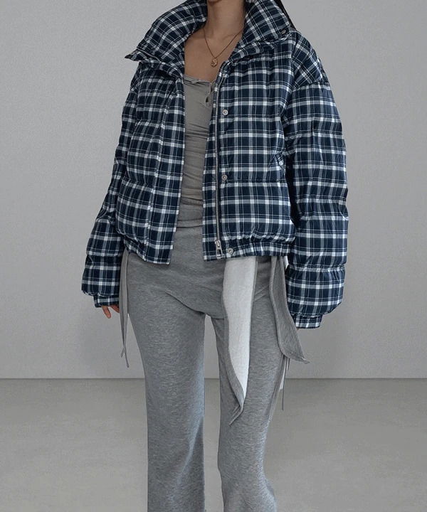 Check high-neck over-crop short padding 羽絨外套