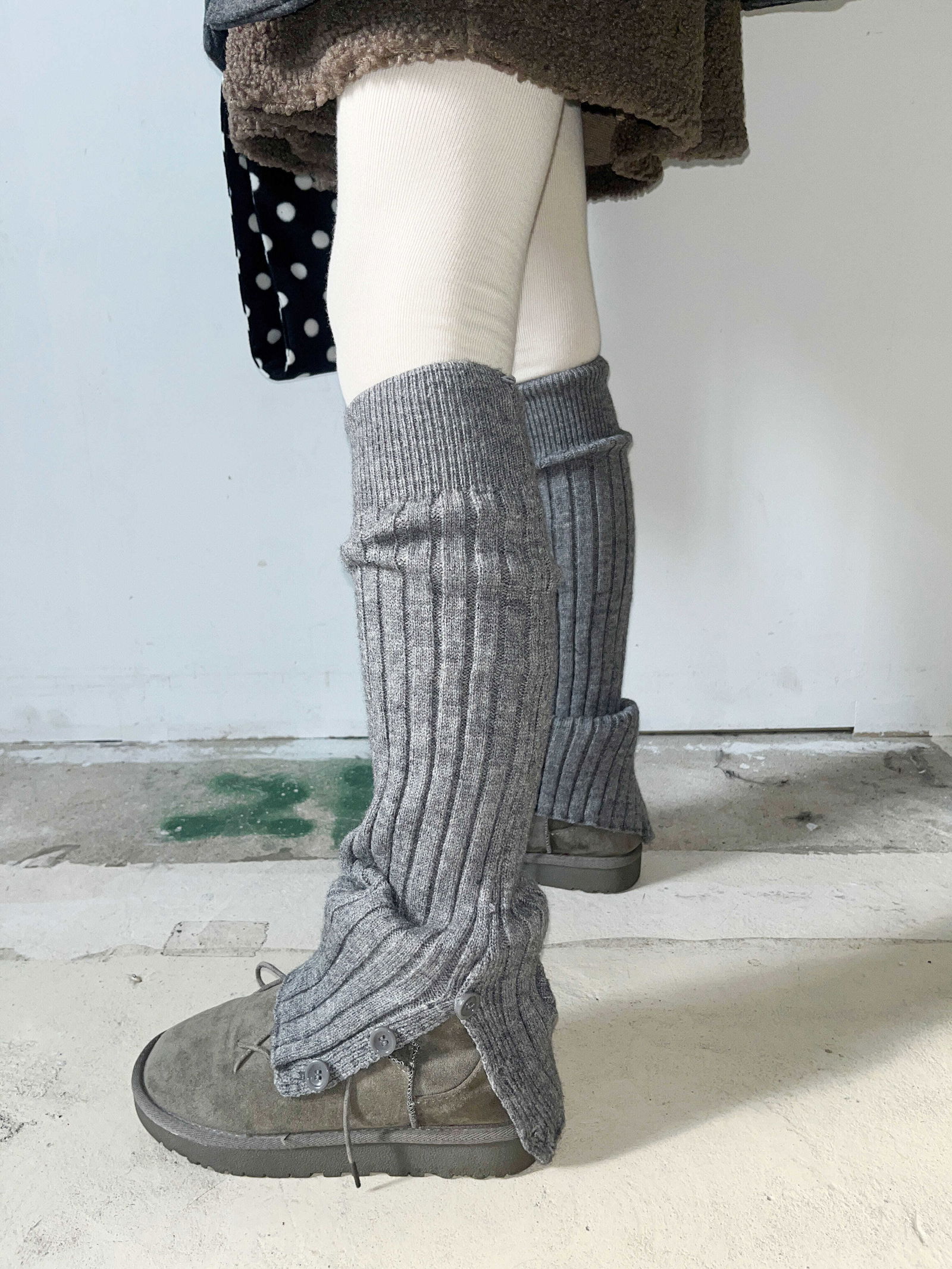 Gray slit wool leg warmers