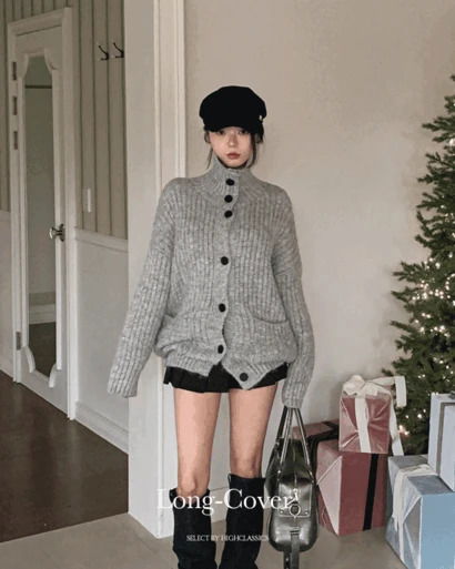 롱커버 하이넥 단추 포켓 시보리 여리핏 루즈 오버핏 아방핏 램스울 롱 니트 가디건