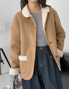 Wool color-block round collar Shearling jacket