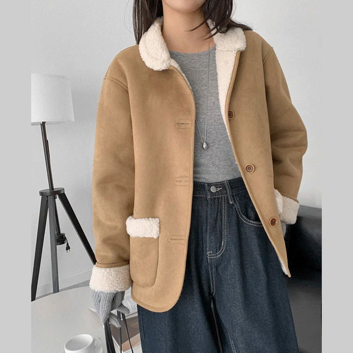 Wool color-block round collar Shearling jacket