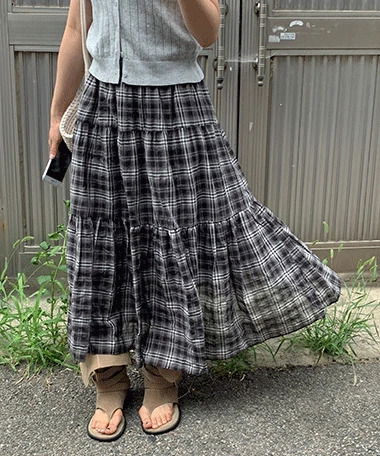 하카 빈티지 체크 캉캉 롱 스커트