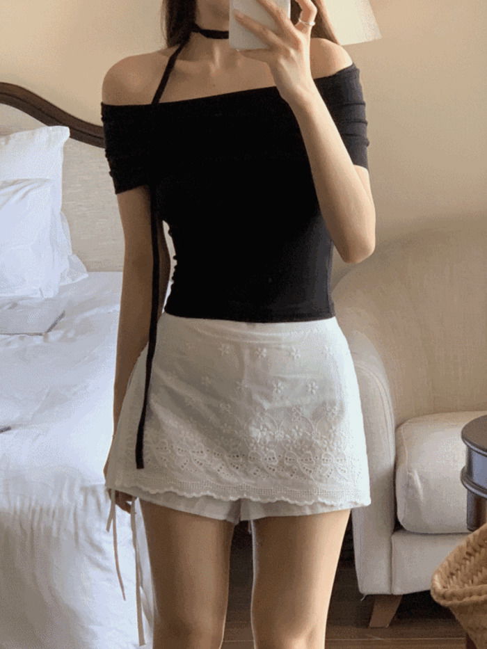 バニーチョーカータイシャーリングオフショルダークロップ半袖Tシャツ（3color）