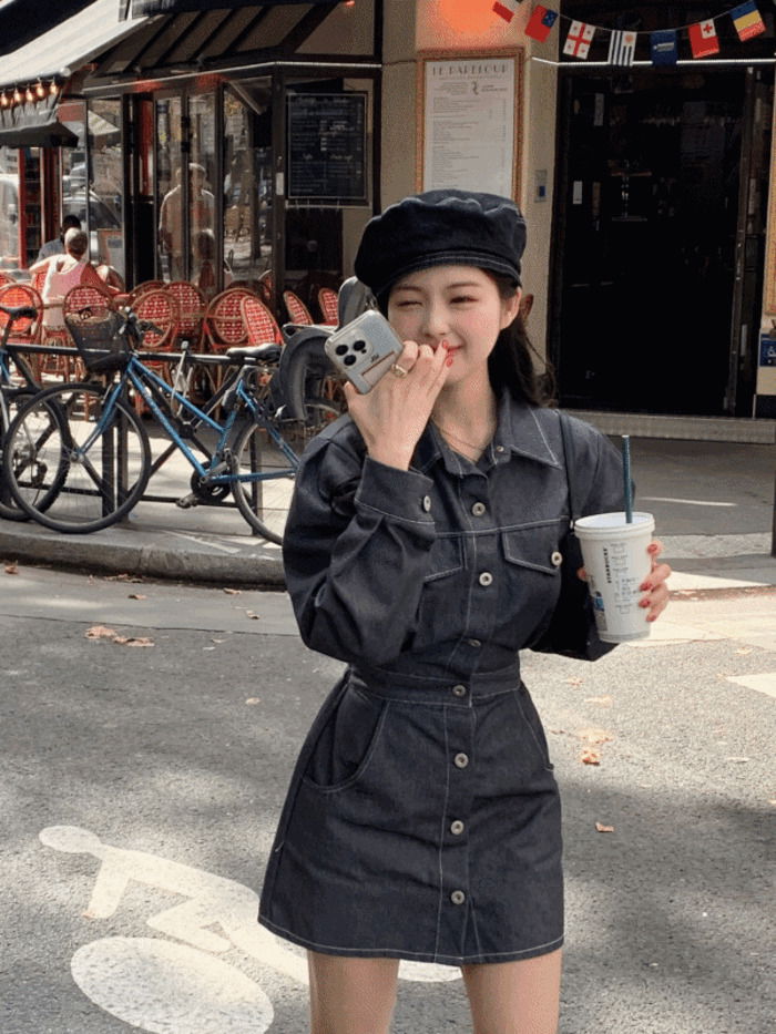 夏日休閒黑色牛仔襯衫式洋裝