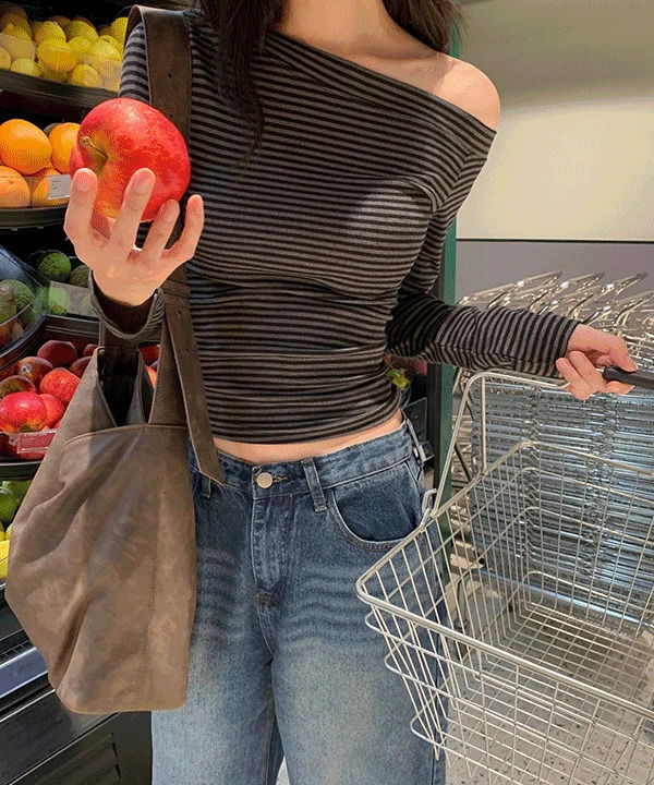 Annebi Striped One Shoulder Long Sleeve T-Shirt - 3 Colors