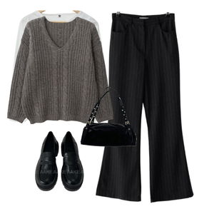 長褲,雪紡襯衫,針織衫 코디