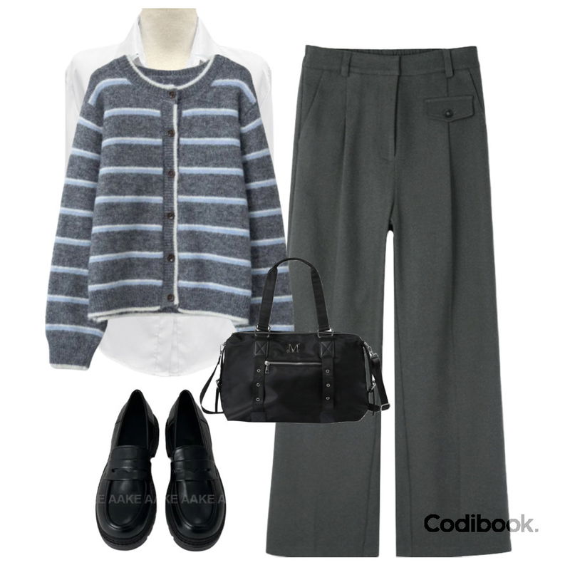 MUCENT DOHO METAL LOGO 4WAY PUNCHING EYELET TOTE BAG UNISEX 도호 메탈 로고 4웨이 펀칭 아일렛 토트백 남녀공용,AAKE DAILY LOAFER (black(glossy) / black(matte)),Dayroze 베크 사이드 버튼 셔츠 (3color)등을 매치한 코디