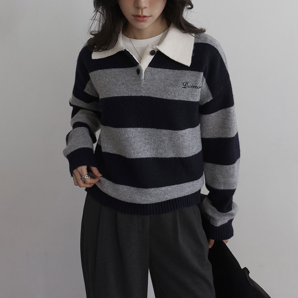 舞台羊毛领条纹纽扣针织