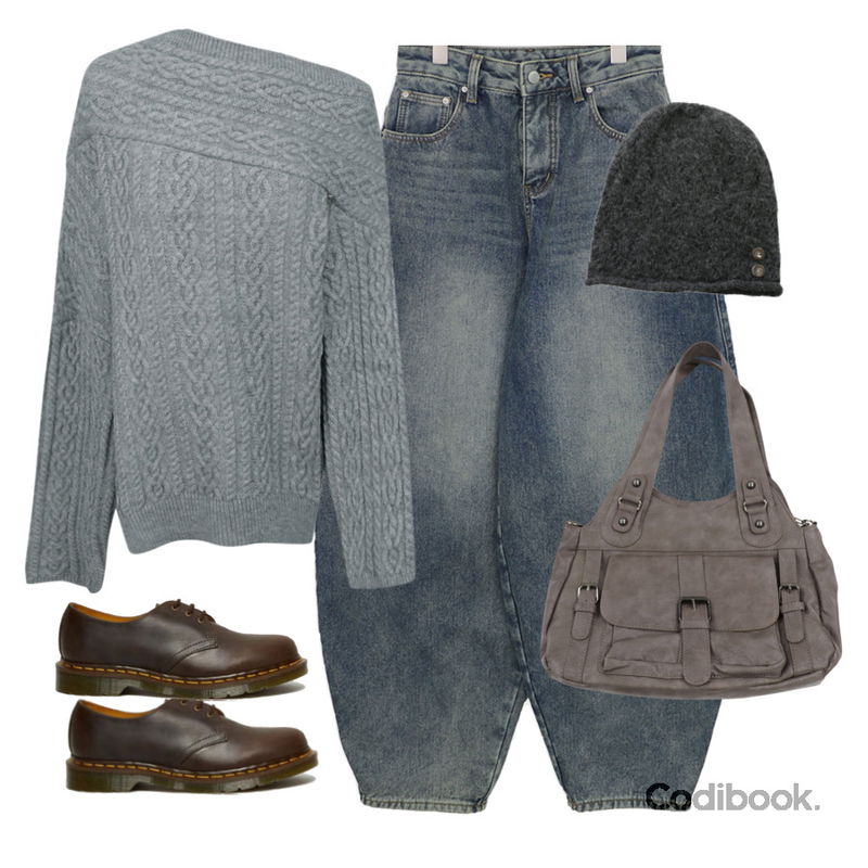 wonderwonder 시슈 포켓 버클 레더 숄더 크로스백,ondeed 듀아 버튼 니트 비니,ondeed 위렌 오프숄더 꽈배기 니트등을 매치한 코디