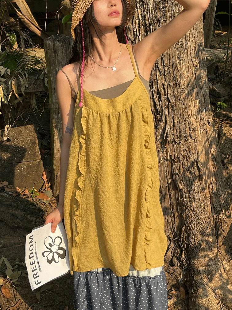 紗線復古方領寬鬆無袖洋裝