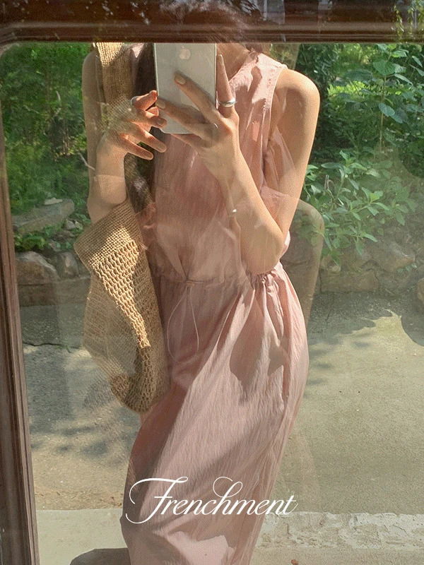 雪紡素面細肩帶襯衫式中長洋裝