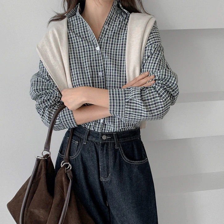 細格紋寬鬆落肩七分袖襯衫