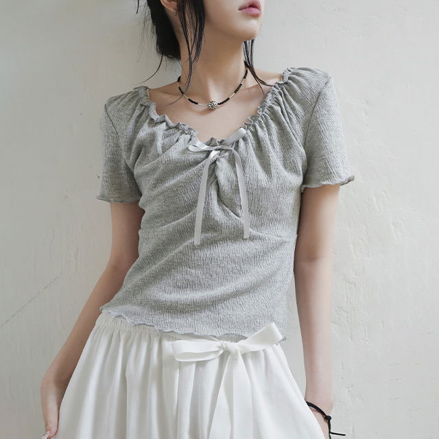 蝴蝶結緞帶木耳邊短袖T恤