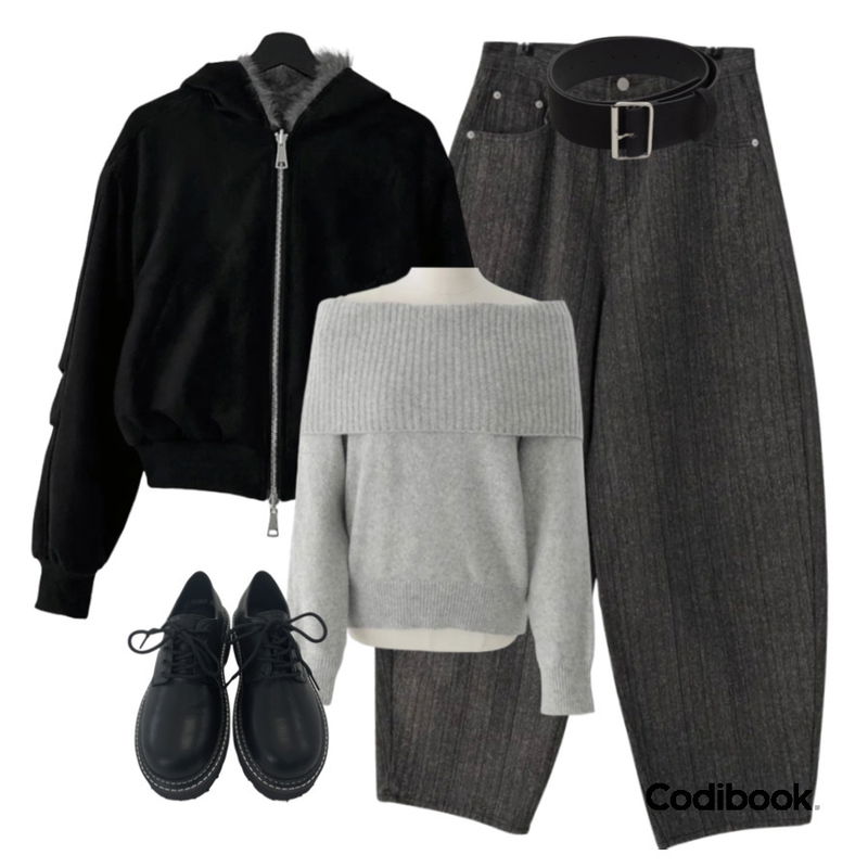 AAKE DOUBLE STITCH LOAFERS (3color),DAILYJOU 셀롱 스웨이드 스퀘어 벨트,MAENIQUE 마테시 퍼 스웨이드 투웨이 점퍼등을 매치한 코디