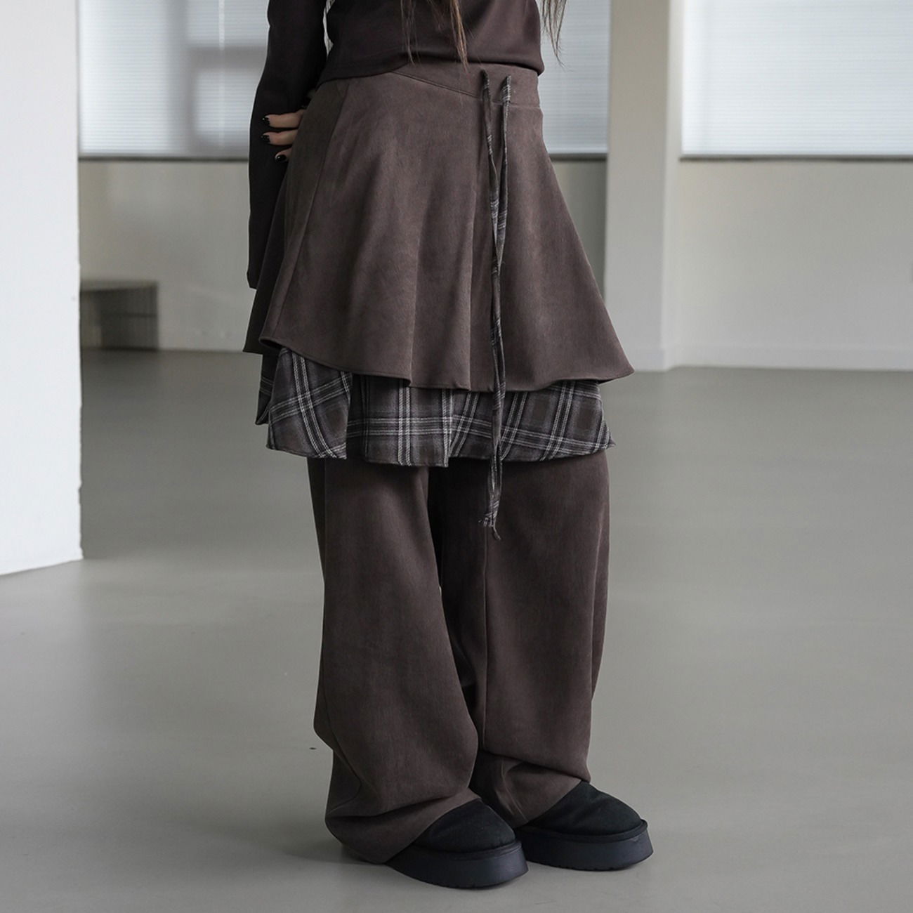 格紋層次混羊毛寬褲