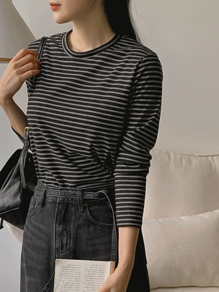 Deardin Spandex Peach Fleece-lined Stripe Round Neck T-Shirt