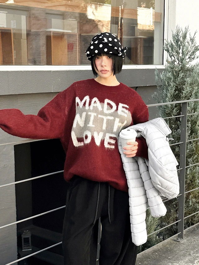 빅사이즈 55-100 매이빈 오버핏 라운드 레터링 긴팔 니트