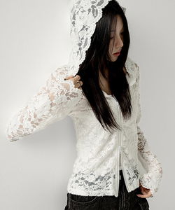 Lace Sheer Layered Hood Zip-Up