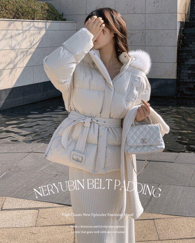 ネリュビンフェイクファーフードポケットウェルロンベルトショートダウンジャケット