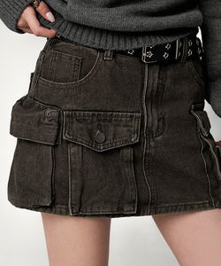 Vintage Cargo Denim Mini Skirt Belt Set