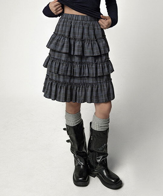 체카류 체크 프릴 캉캉 밴딩 미디 스커트 Check Frill Tiered Banding Midi Skirt