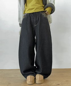 格紋寬鬆丹寧長褲