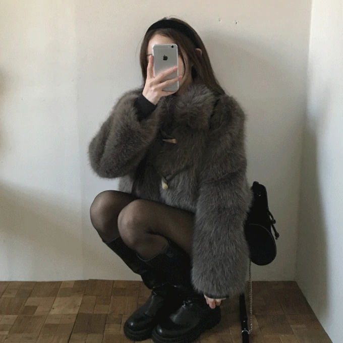 純色無領仿毛絨外套