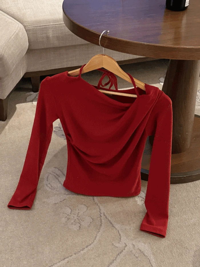 舒適斜肩下擺抓皺長袖T恤