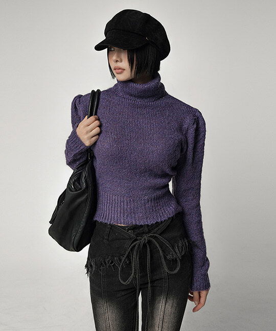 Puff-Padded Turtleneck Crop Knit