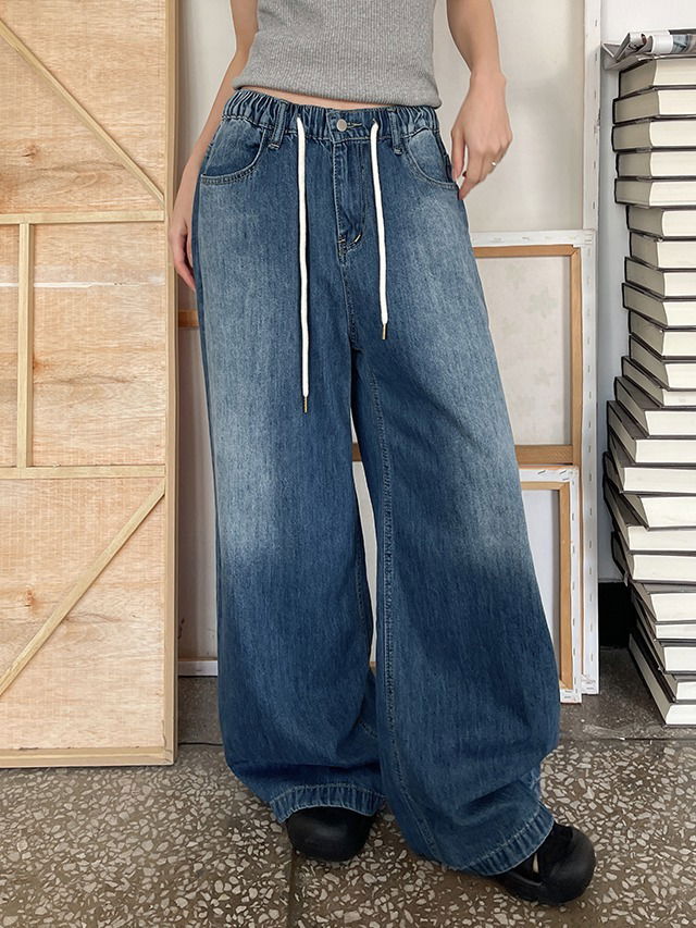 大尺碼M-XL抽繩寬版水洗鬆緊牛仔褲